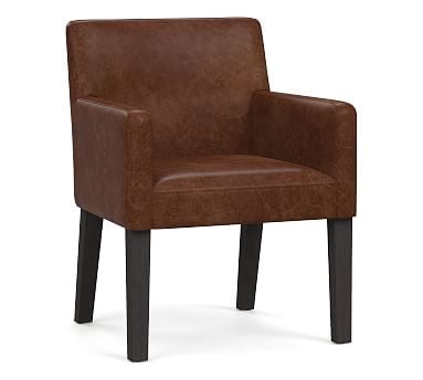 PB Classic Upholstered Leather Dining Armchair, Blackened Oak Legs, Statesville Molasses - Image 0