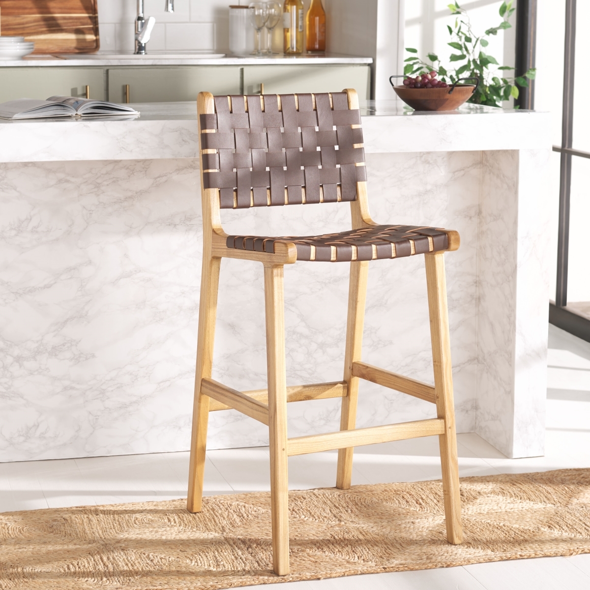 Adah Leather Bar Stool - Cognac / Natural - Safavieh - Image 1