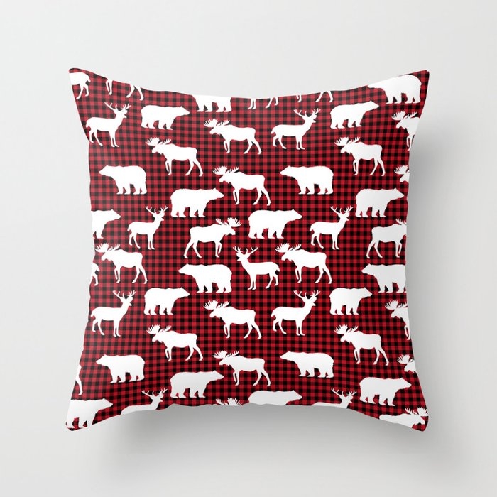 Plaid Camping Animals Minimal Bear Moose Deer Nursery Decor Gender Neutral Woodland Couch Throw Pillow by Charlottewinter - Cover (16" x 16") with pillow insert - Indoor Pillow - Image 0