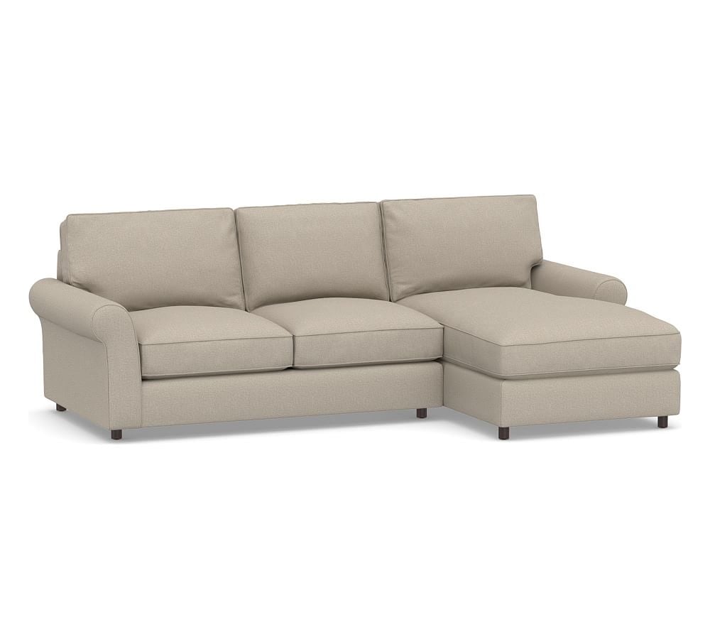 PB Comfort Roll Arm Upholstered Left Loveseat with Chaise Sectional, Box Edge, Down Blend Wrapped Cushions, Performance Brushed Basketweave Sand - Image 0