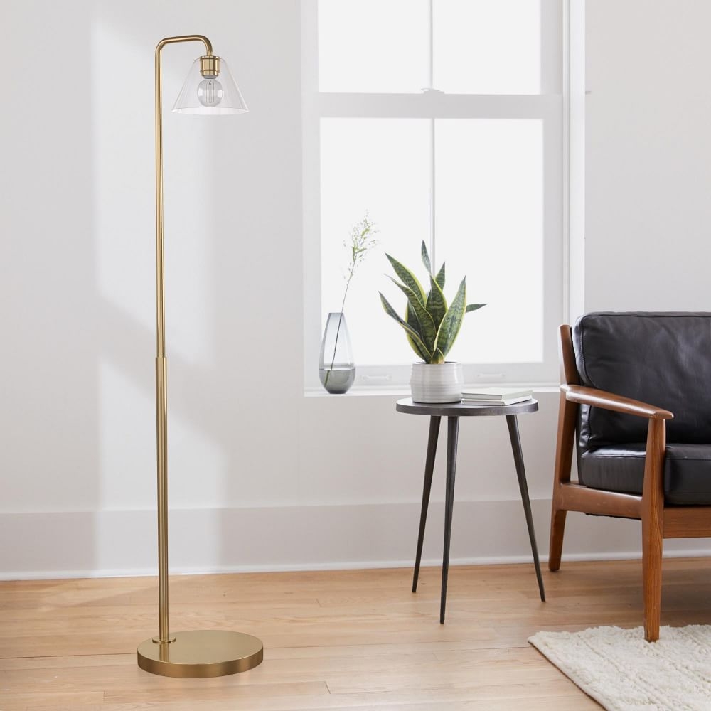 Sculptural Floor Lamp Antique Brass Clear Glass Cone (58") - Image 0