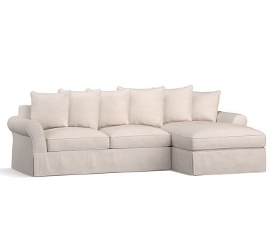 PB Comfort Roll Arm Slipcovered Right Arm Loveseat with Chaise Sectional, Box Edge Down Blend Wrapped Cushions, Sunbrella(R) Performance Chenille Indigo - Image 2