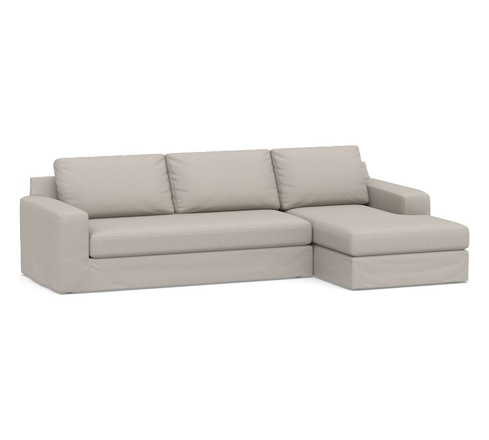 Big Sur Square Arm Slipcovered Left Arm Sofa with Chaise Sectional and Bench Cushion, Down Blend Wrapped Cushions, Chunky Basketweave Stone - Image 0