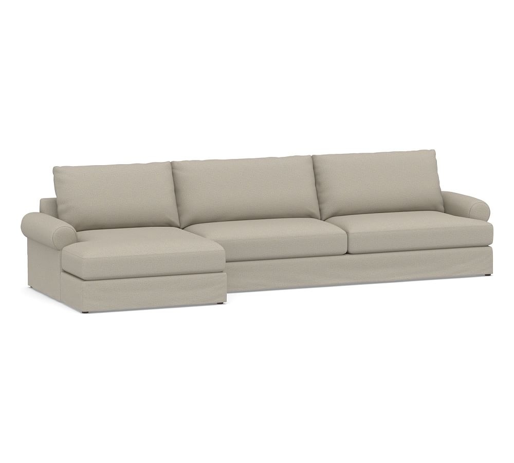 Canyon Roll Arm Slipcovered Right Arm Sofa with Double Chaise Sectional, Down Blend Wrapped Cushions, Performance Boucle Fog - Image 0
