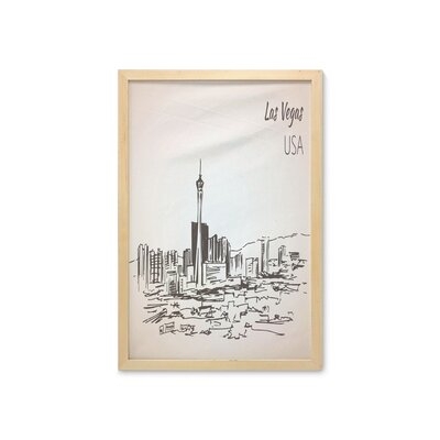 Ambesonne Las Vegas Wall Art With Frame, Sketch Style Landscape Composition Of Nevada State City Hand Drawn Illustration, Printed Fabric Poster For Bathroom Living Room Dorms, 23" X 35", Beige Black - Image 0