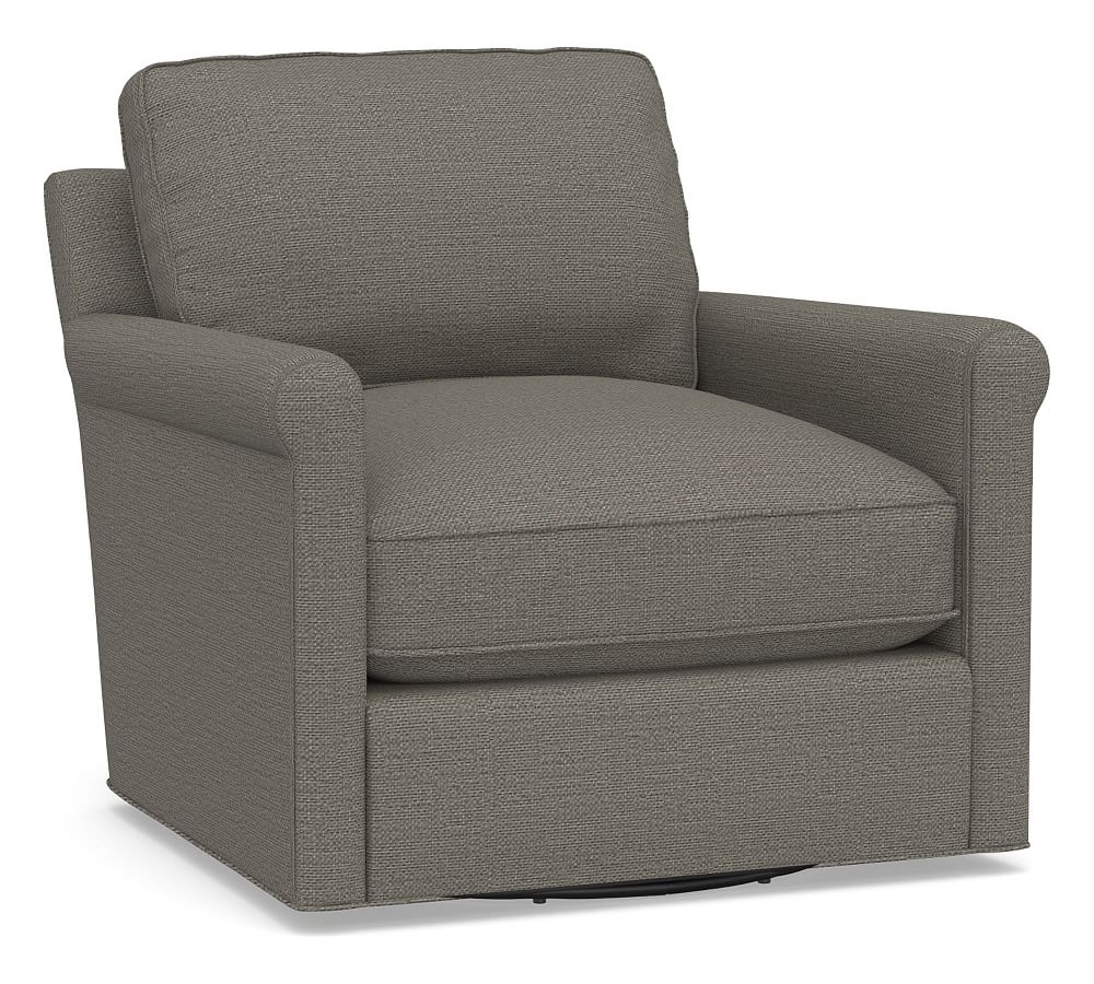 Tyler Roll Arm Upholstered Swivel Armchair, Polyester Wrapped Cushions, Chunky Basketweave Metal - Image 0