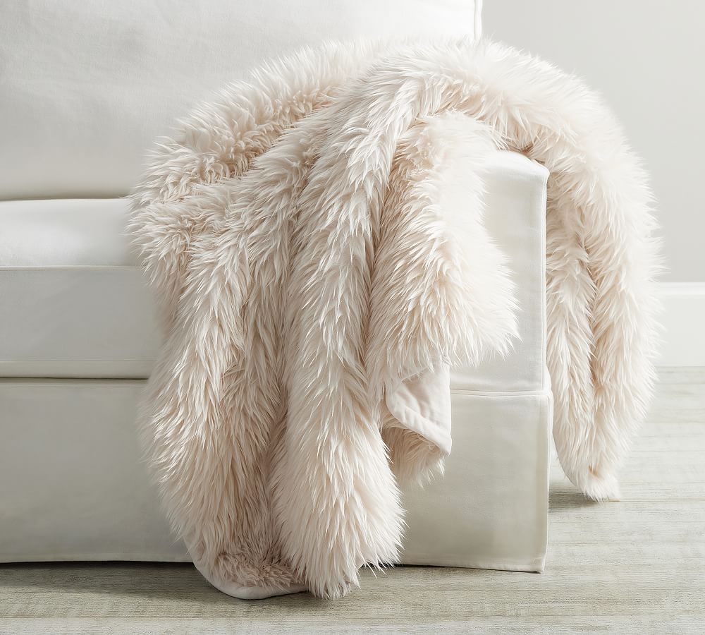 Faux Real Fur Throw, Ivory, 50" x 60" - Image 0