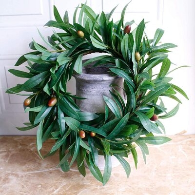 Wreath - Nearly Real, Olive Leaf:  Rustic Farmhouse, Greenery Wreaths, Faux Foliage Wreath, For Front Door, Welcome, Christmas, Outdoor, Indoor - Round - Image 0