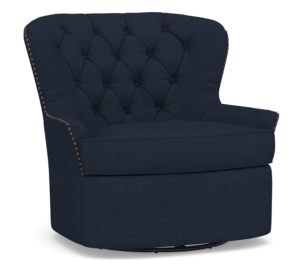 Cardiff Tufted Upholstered Swivel Armchair with Nailheads, Polyester Wrapped Cushions, Performance Heathered Basketweave Navy - Image 0