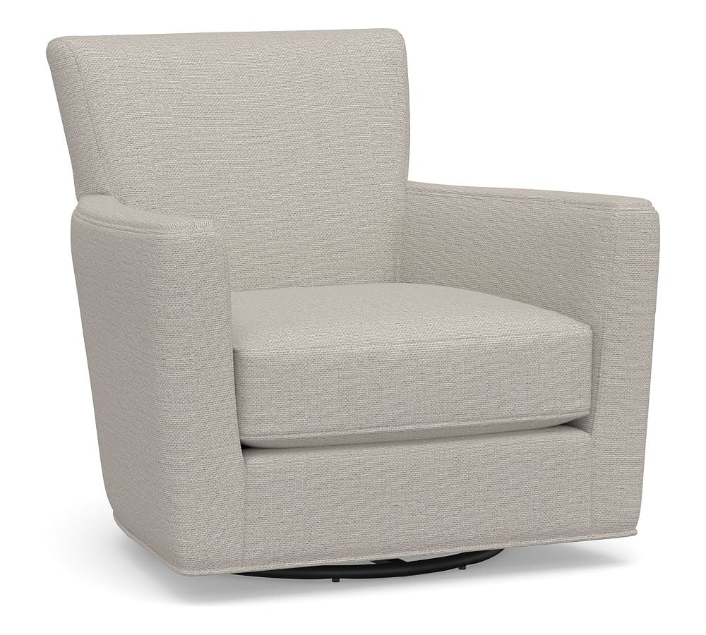 Irving Square Arm Upholstered Swivel Armchair, Polyester Wrapped Cushions, Chunky Basketweave Stone - Image 0