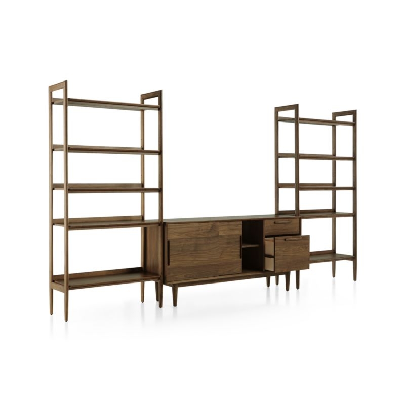 Tate 136.5" Walnut Storage Media Console and Bookshelf Set - Image 2