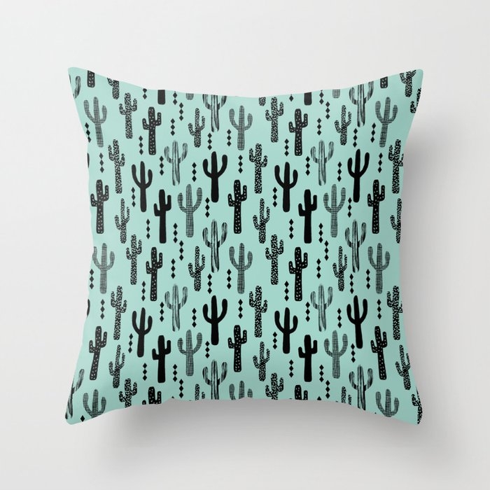 Cactus Pattern Print Mint Black Minimal Geometric Modern Illustration Desert Southwest Nature Throw Pillow by Charlottewinter - Cover (20" x 20") With Pillow Insert - Indoor Pillow - Image 0