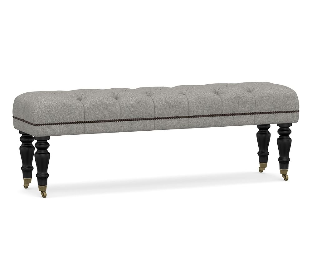 Raleigh Upholstered Tufted Queen Bench with Black Legs & Bronze Nailheads, Performance Heathered Basketweave Platinum - Image 0