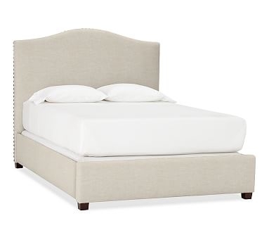 Raleigh Curved Upholstered Bed with Bronze Nailheads, Queen, Textured Basketweave Flax - Image 0