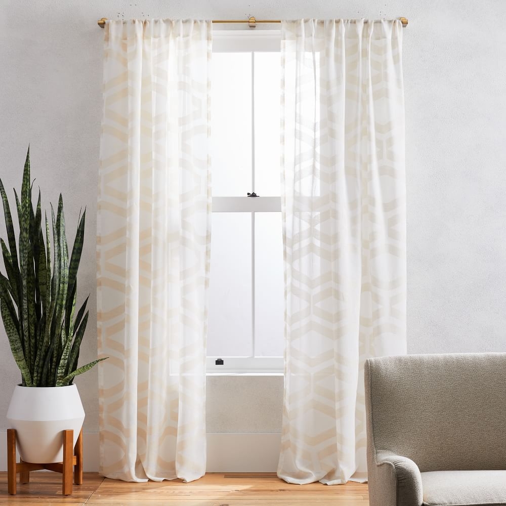 Sheer Clipped Jacquard Geo Curtain, Alabaster, 48"x84" - Image 0