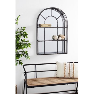 Large Industrial Dark Silver Iron Cathedral Window Pane Wall Mirror W/ Shelves, 23.5" X 36" - Image 0