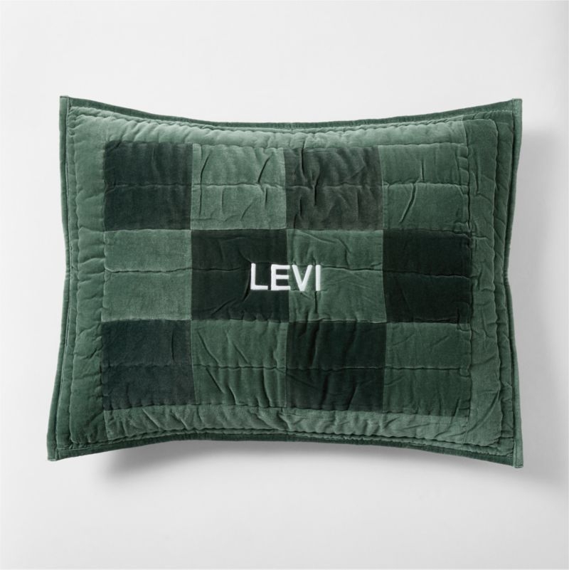 Checkerboard Pine Green Hand-Quilted Organic Cotton Velvet Kids Pillow Sham - Image 3