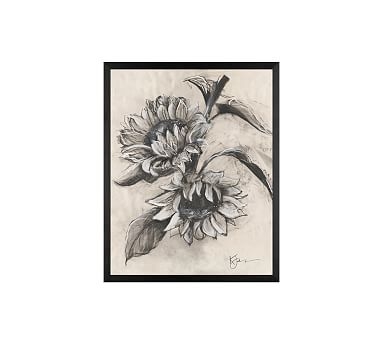 Charcoal Sunflower Sketch, Sunflower on Branch, 16" x 20" Wood Gallery, Black, No Mat - Image 0