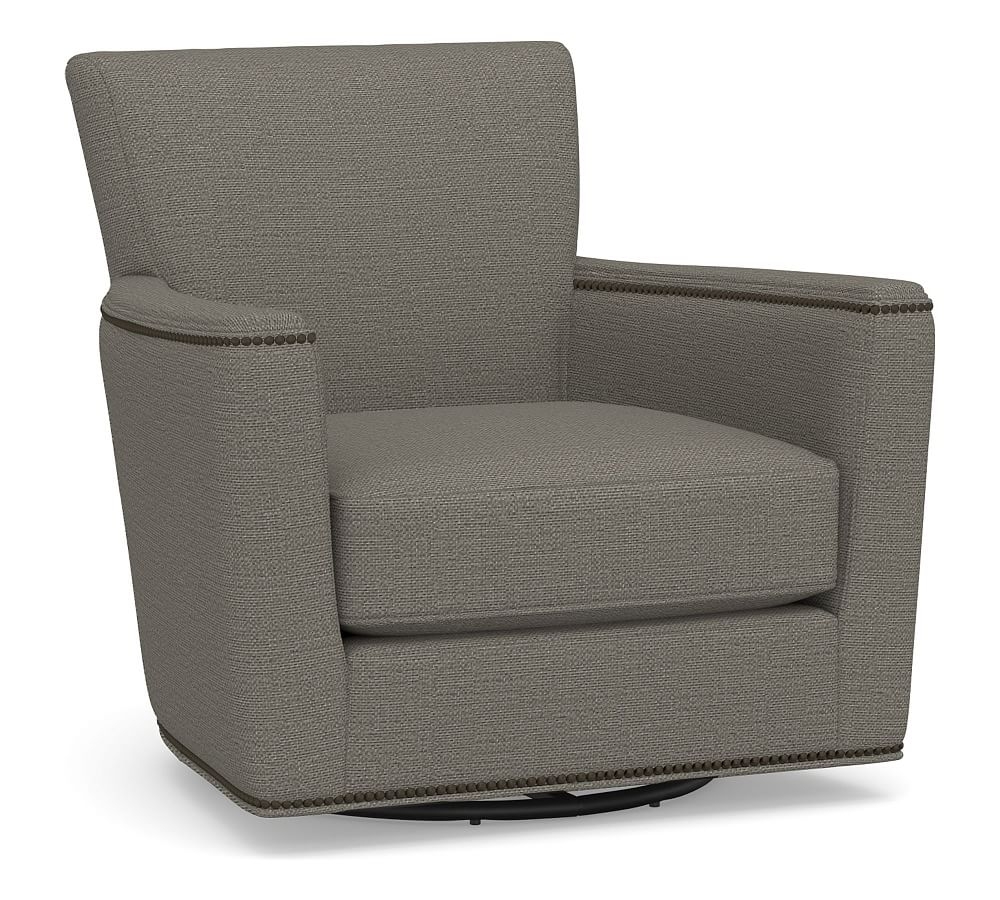 Irving Square Arm Upholstered Swivel Armchair with Nailheads, Polyester Wrapped Cushions, Chunky Basketweave Metal - Image 0