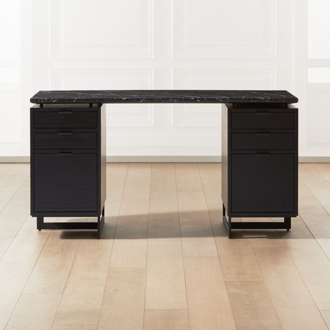 Fullerton 6-Drawer Black Oak Wood Desk with Black Marble Top - Image 0