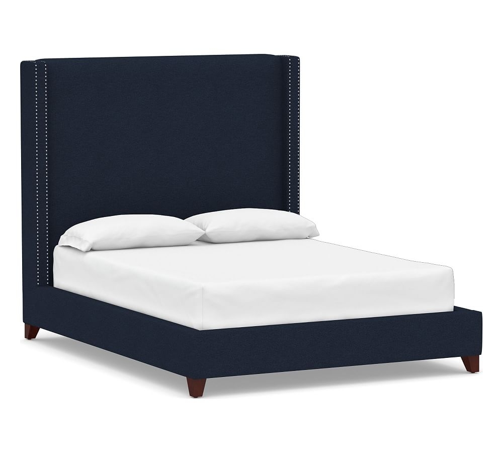 Harper Non-Tufted Upholstered Tall Bed with Pewter Nailheads, California King, Performance Heathered Basketweave Navy - Image 0