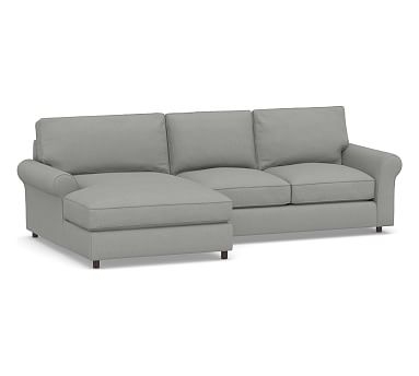 PB Comfort Roll Arm Upholstered Right Arm Loveseat with Wide Chaise Sectional, Box Edge Memory Foam Cushions, Sunbrella Performance Slub Tweed Ash - Image 0