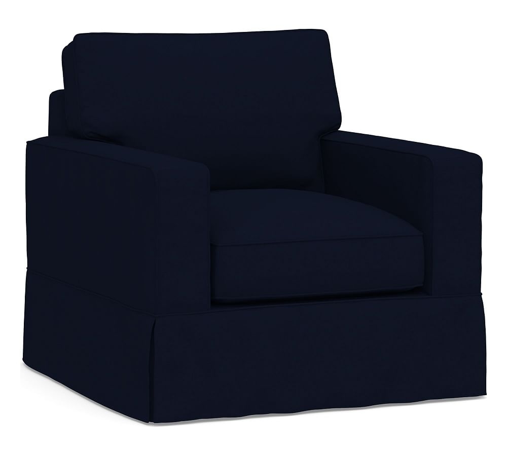 PB Comfort Square Arm Upholstered Swivel Armchair, Box Edge Memory Foam Cushions, Performance Everydaylinen(TM) Navy - Image 0