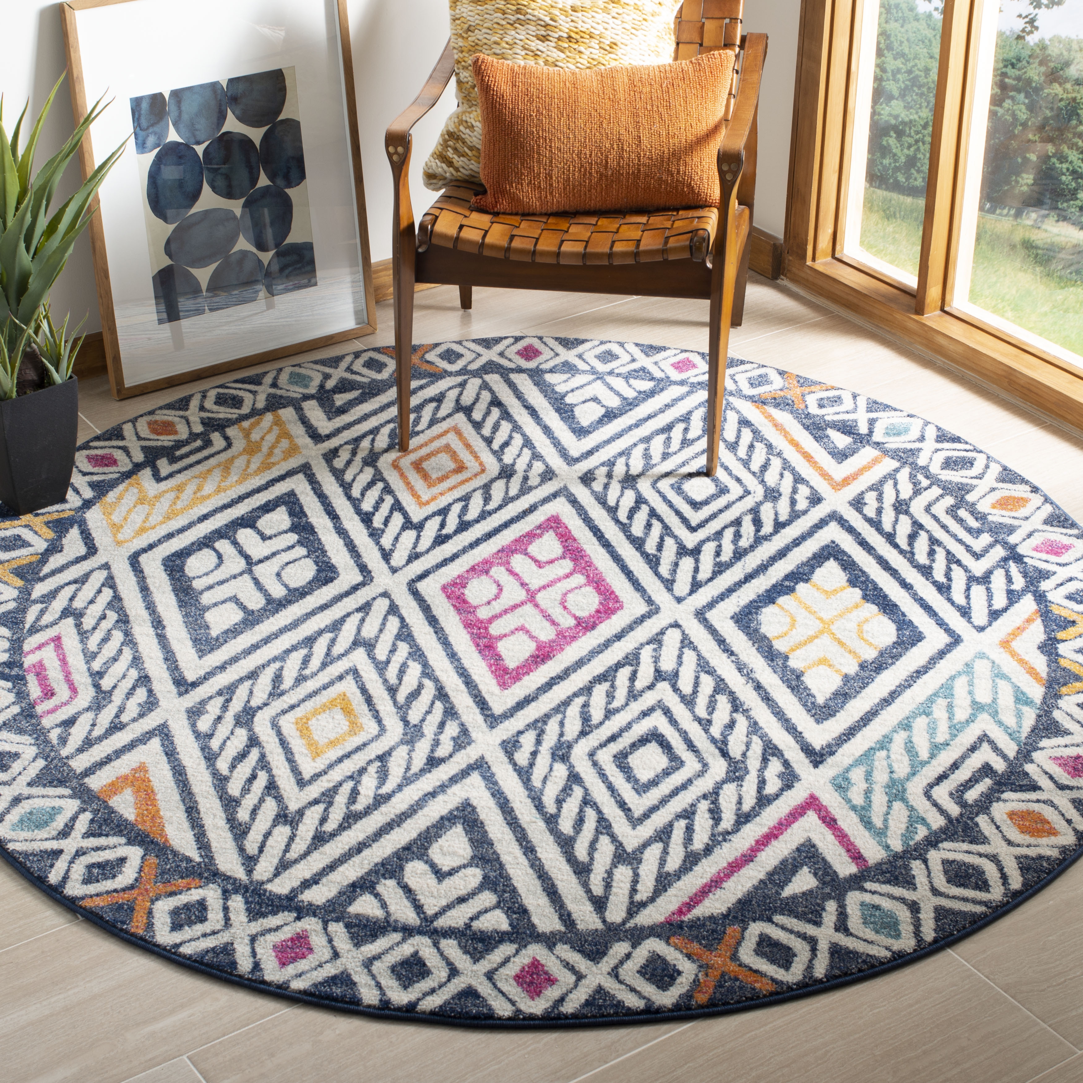 Arlo Home Woven Area Rug, EVK286N, Navy/Ivory,  6' 7" X 6' 7" Round - Image 1