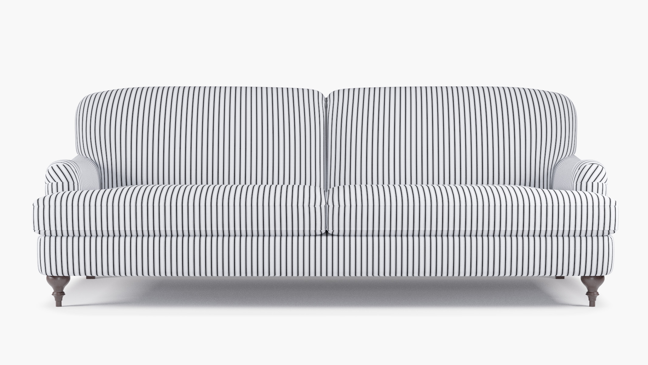 English Roll Arm Sofa, Black Classic Ticking Stripe, Espresso Turned Wood Leg - Image 0