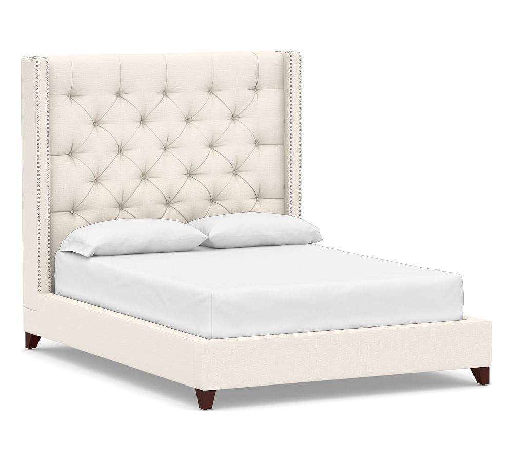 Harper Tufted Upholstered Tall Bed with Pewter Nailheads, Full, Performance Chateau Basketweave Ivory - Image 0