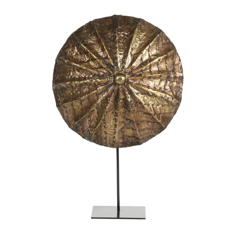Cole & Grey Small, Round, Hand-Carved Gold Baobab Wood Shield On Metal Display Stand Cameroon - Image 0