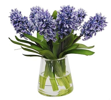 Faux Blue Hyacinth Composed Arrangement, Glass Round Vase - 13'' - Image 0