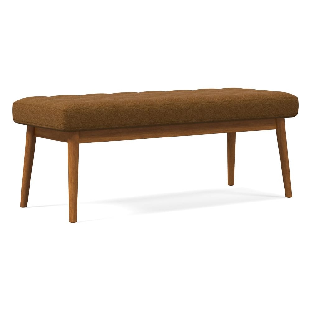Midcentury Upholstered Bench, Poly, Distressed Velvet, Golden Oak, Acorn - Image 0