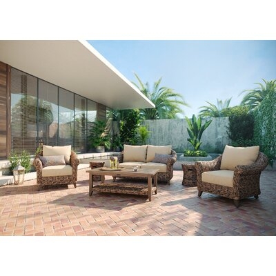 Cayman Loveseat, Stationary Lounge Chair, Coffee Table and Woven Drum Stool/Side Table 6 Piece Rattan Seating Group with Sunbrella Cushions - Image 0