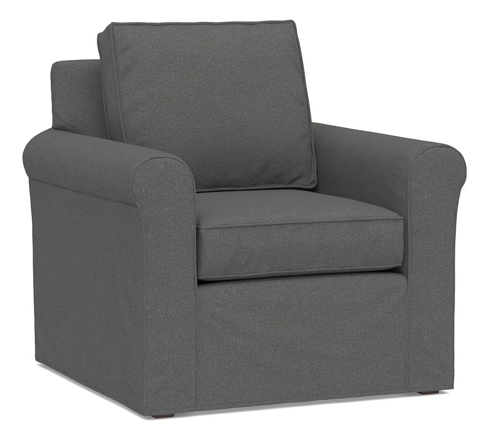 Cameron Roll Arm Slipcovered Armchair, Polyester Wrapped Cushions, Park Weave Charcoal - Image 0