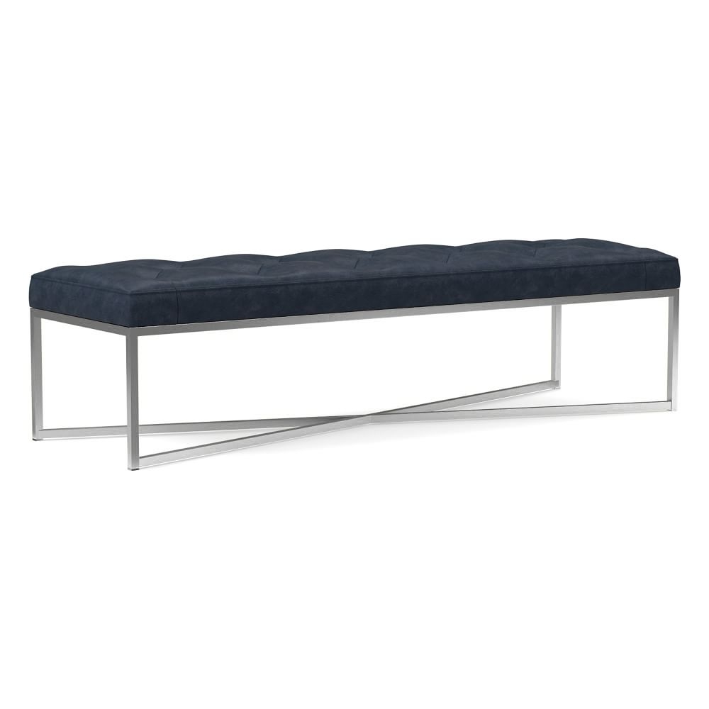 Maeve Rectangle Ottoman, Poly, Oxford Leather, French Navy, Stainless Steel - Image 0