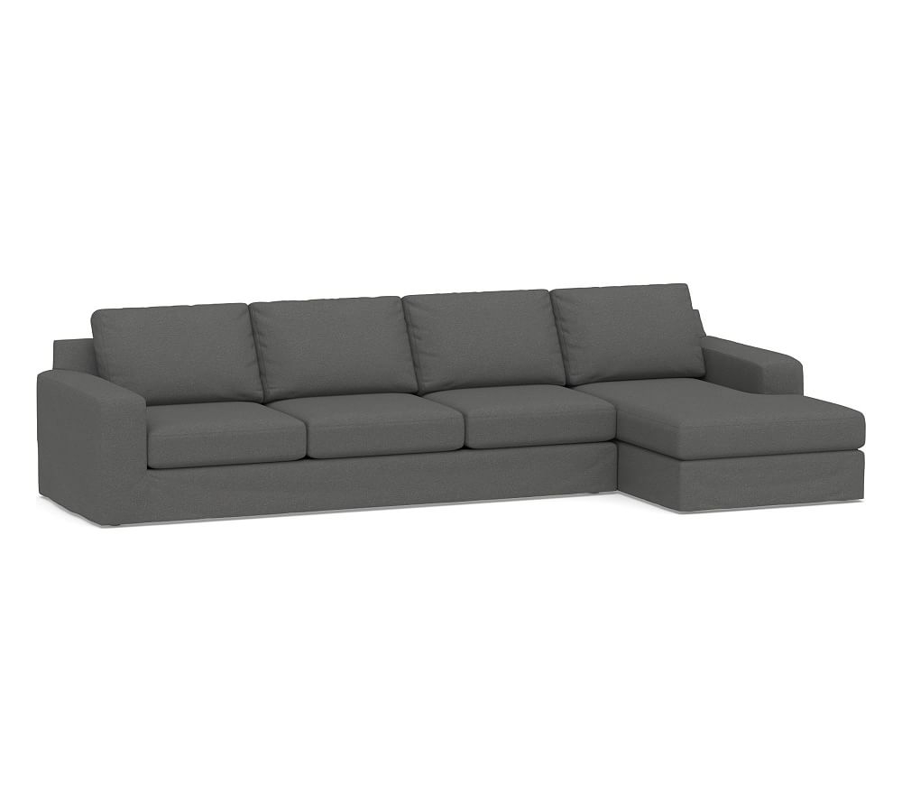 Big Sur Square Arm Slipcovered Left Arm Grand Sofa with Chaise Sectional, Down Blend Wrapped Cushions, Park Weave Charcoal - Image 0