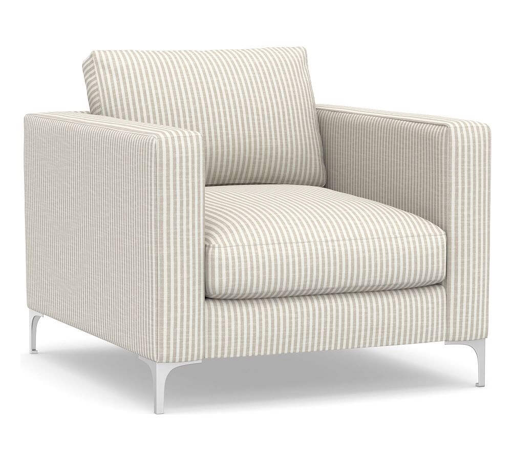 Jake Upholstered Armchair with Brushed Nickel Legs, Polyester Wrapped Cushions, Classic Stripe Oatmeal - Image 0