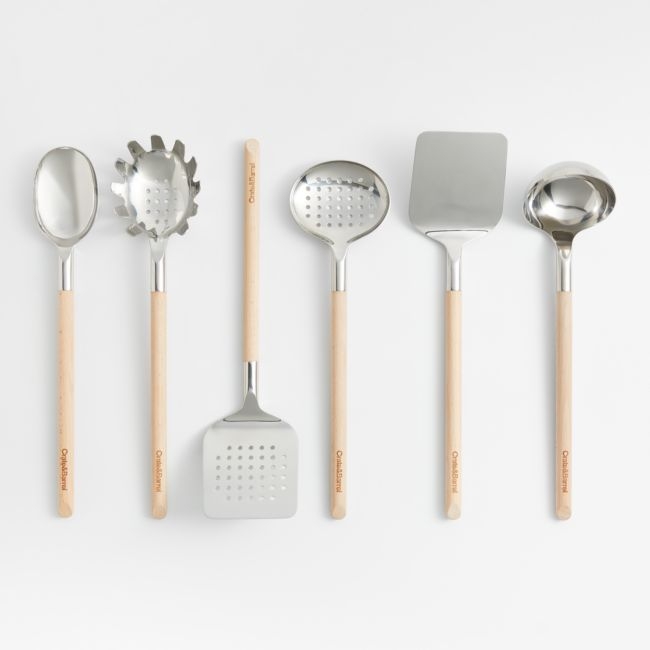 Crate & Barrel Beechwood and Stainless Steel Utensils, Set of 6 - Image 0