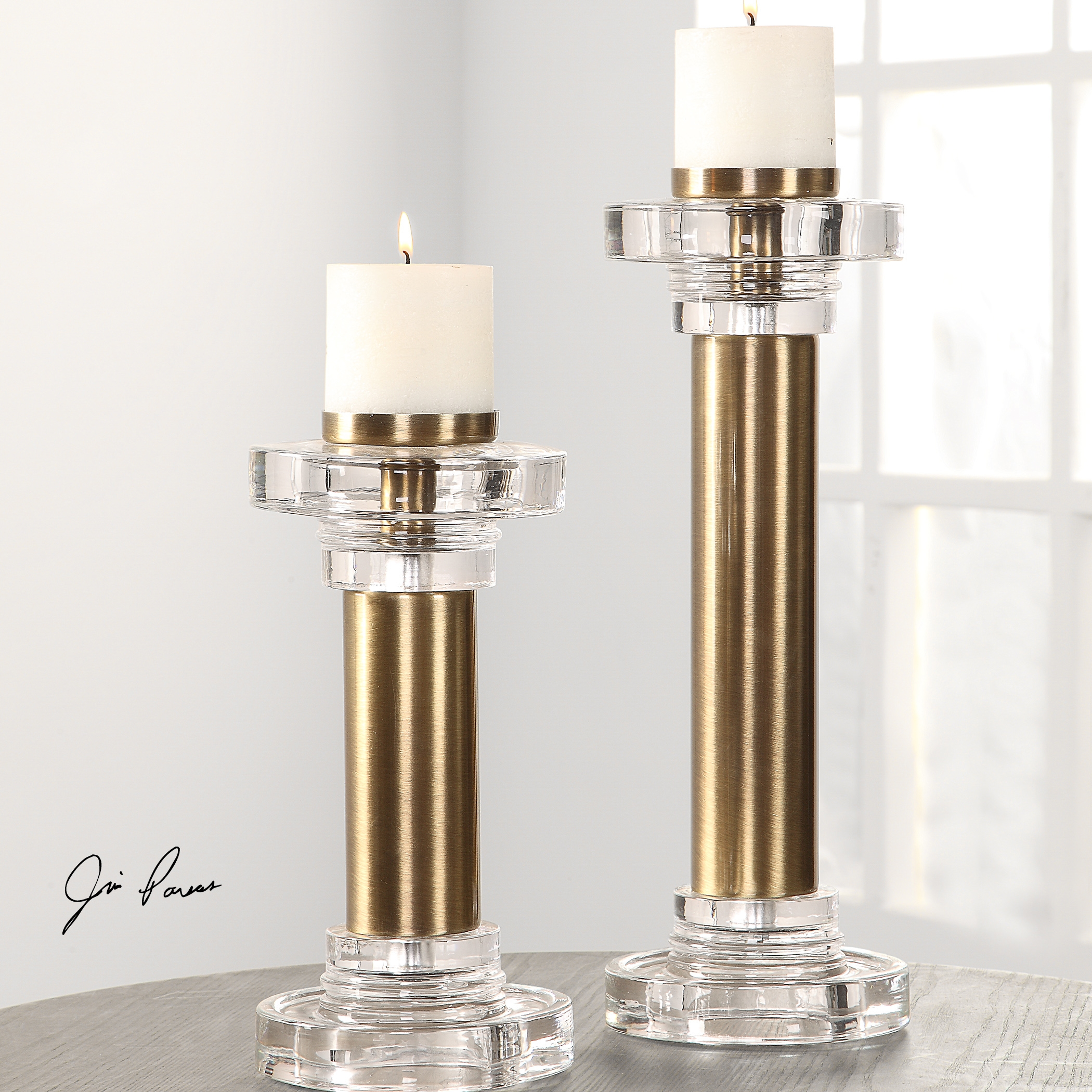 Leslie Brushed Brass Candleholders, Set of 2 - Image 2