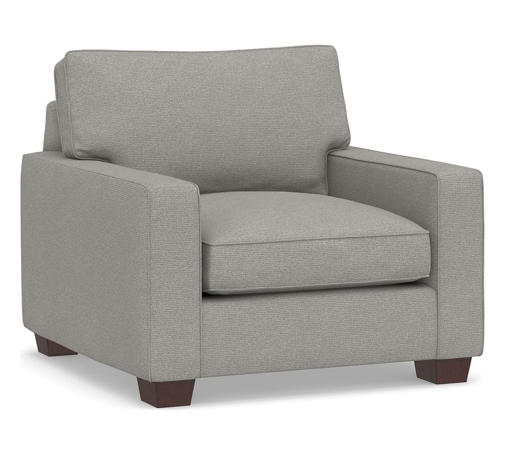 PB Comfort Square Arm Upholstered Grand Armchair 42.5", Box Edge Down Blend Wrapped Cushions, Performance Heathered Basketweave Platinum - Image 0