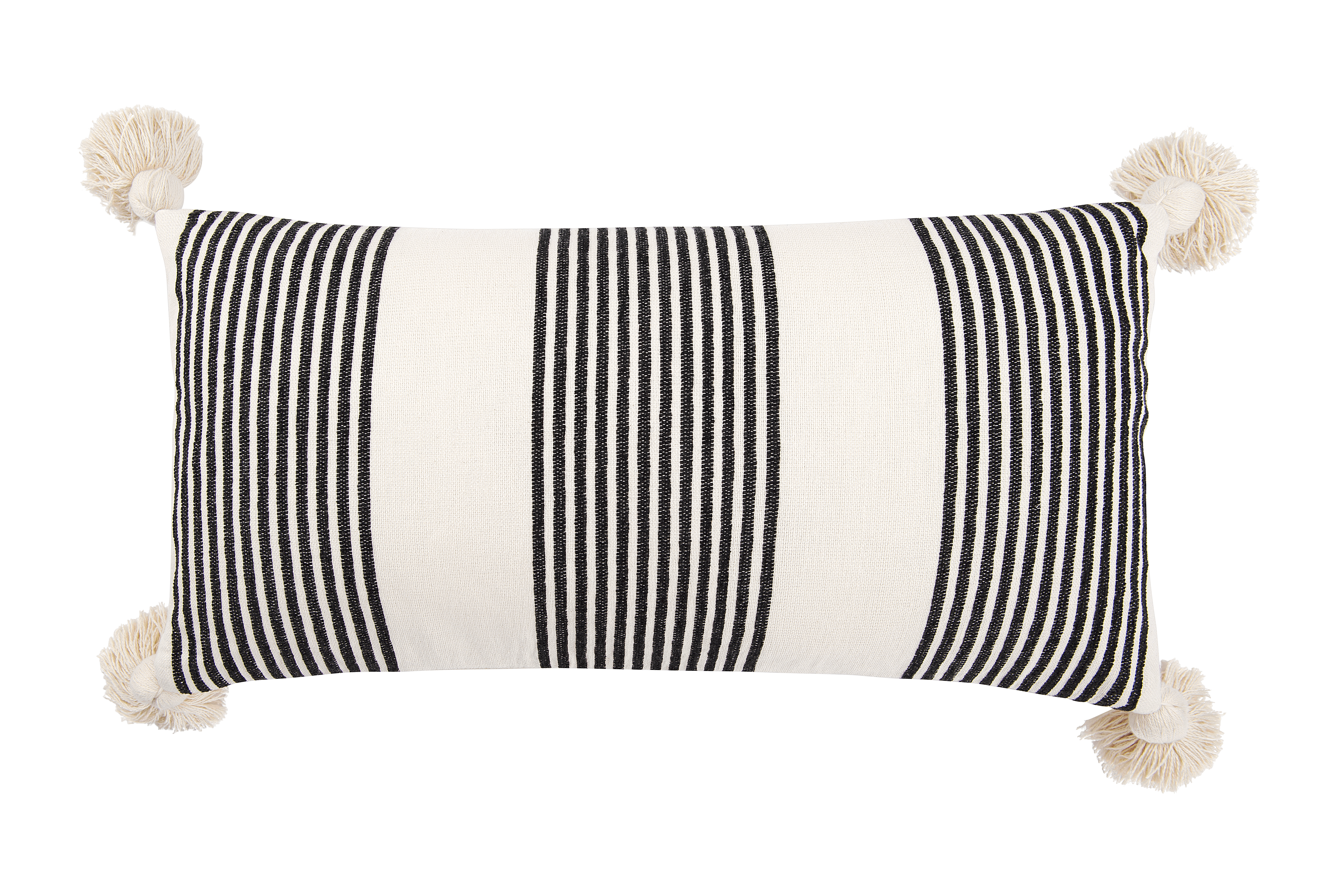 Cream Cotton & Chenille Pillow with Vertical Black Stripes, Tassels & Solid Cream Back - Image 0
