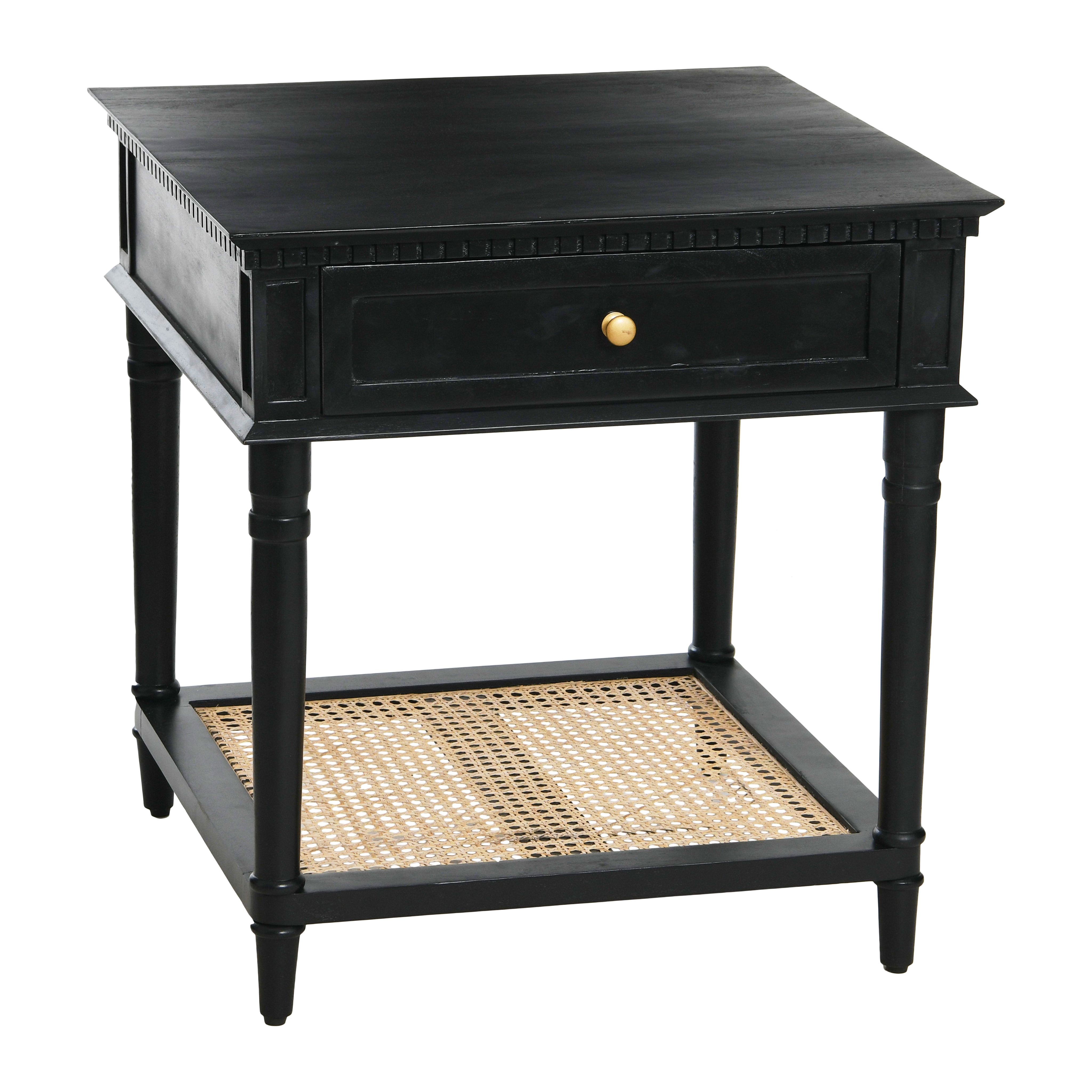 Maxwelton Solid Wood End Table with Drawer and Woven Cane Storage Shelf, Black and Natural - Image 0