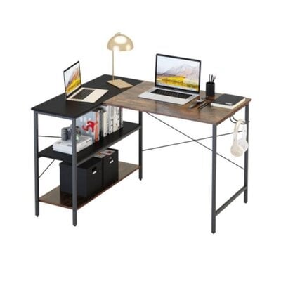 L-shaped Black Linen + Retro Double Color Matching Desk - Image 0