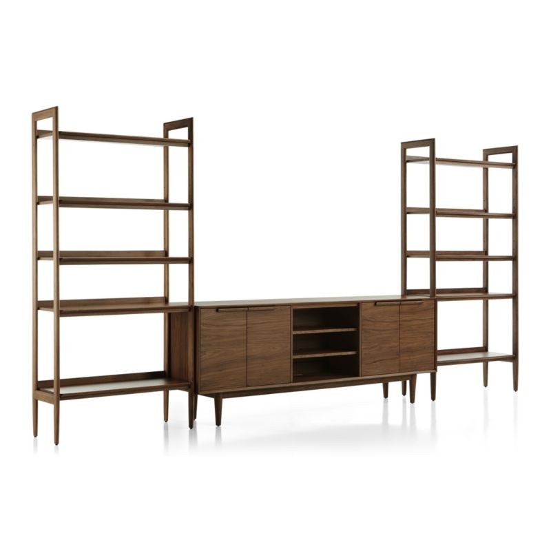 Tate Walnut 80" Storage Media Console with 2 Wide Bookcases - Image 1