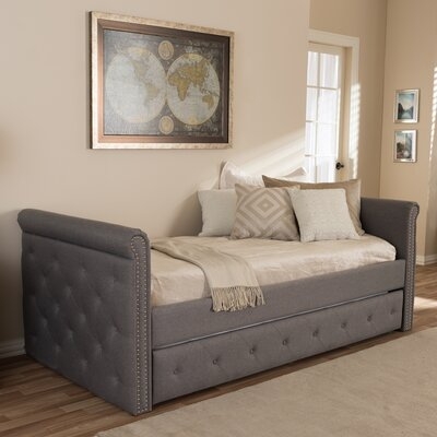 Modern And Contemporary Beige Fabric Tufted Twin Size Daybed With Roll-Out Trundle Guest Bed - Image 0