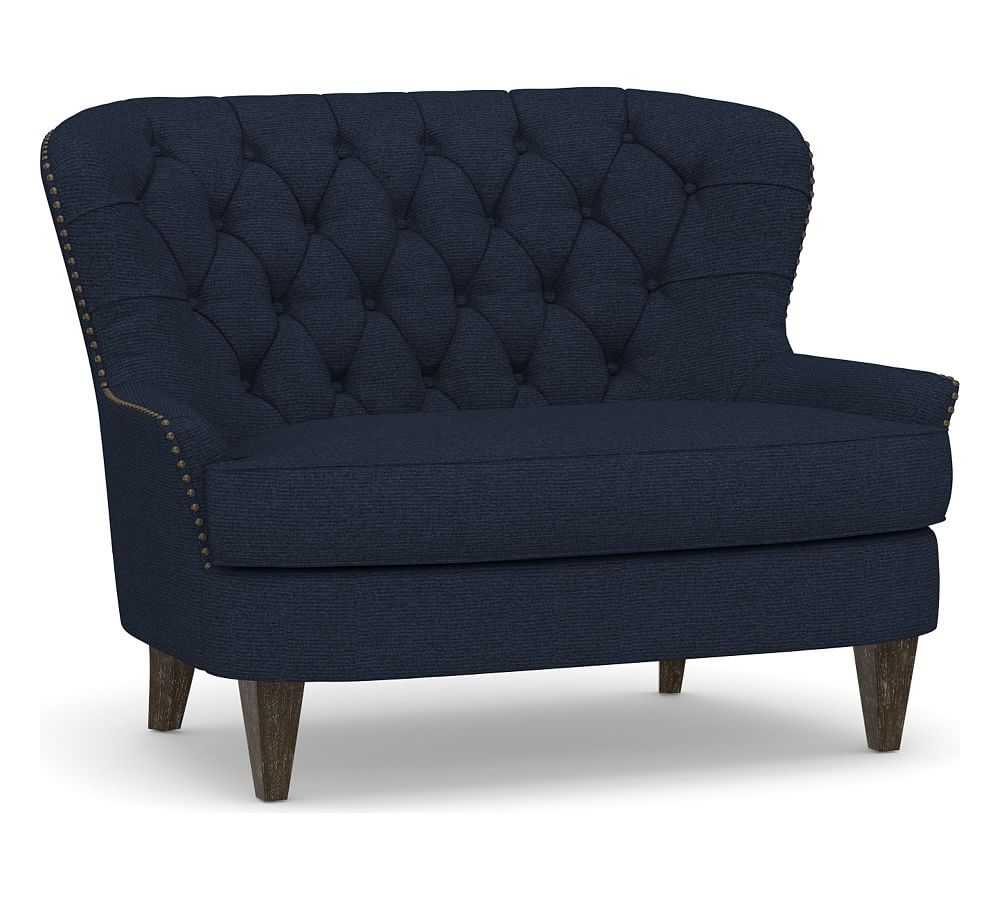 Cardiff Upholstered Settee, Polyester Wrapped Cushions, Performance Heathered Basketweave Navy - Image 0