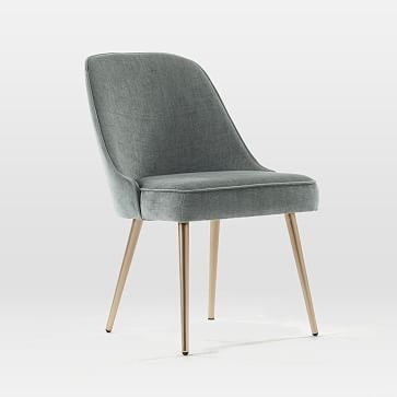 Mid-Century Upholstered Dining Chair, Distressed Velvet, Mineral Gray, Oil Rubbed Bronze - Image 1