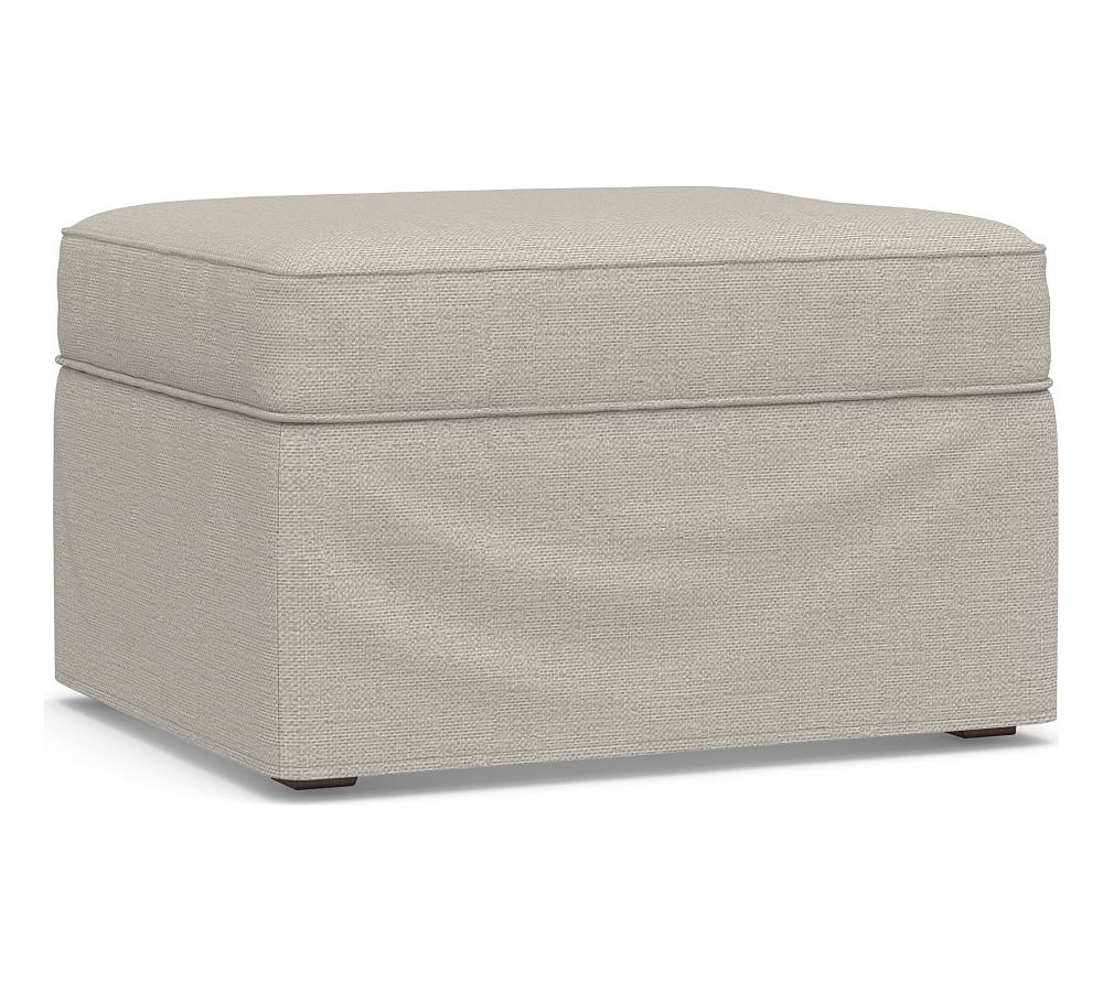 Cameron Slipcovered Ottoman, Polyester Wrapped Cushions, Chunky Basketweave Stone - Image 0