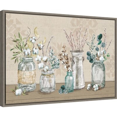 Canvas Art Framed 'Cotton Bouquet In Vases I' By Mary Urban: Outer Size 23 X 16" - Image 0
